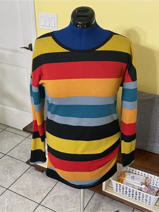 N/A Sweaters - Striped Multicolor Crewneck Sweater w/Faux Button Detail